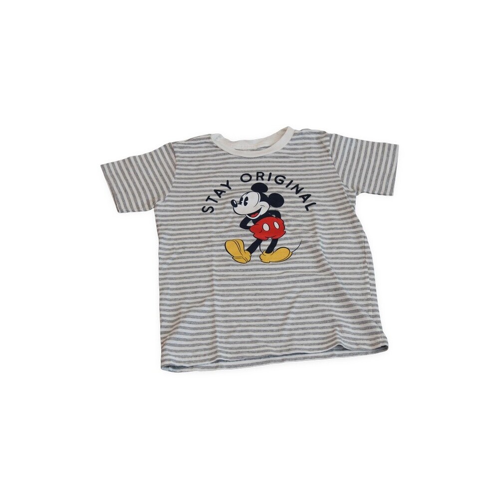 Disney Mickey Mouse M Gray and White Striped Cotton T-Shirt